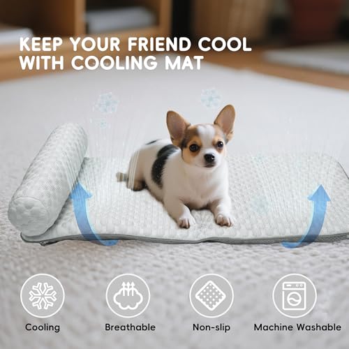 GeerDuo Pet Cooling Mat for Cats & Small Dogs, Self-Cooling Fabric with Supportive Pillow, Non-Gel Leak-Proof Washable, In...