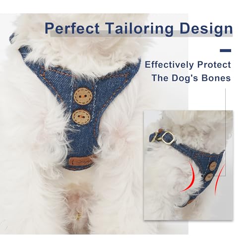 No Pull xs Dog Harness with Multifunction Dog Leash,Soft Adjustable No Choke Escape Proof Pet Harness Vest,Denim Blue,XXS