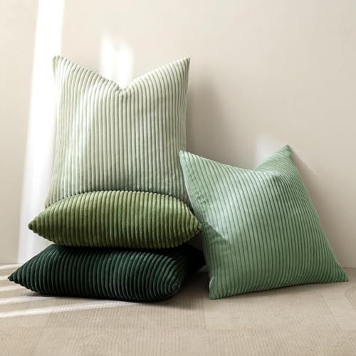 MIULEE Boho Farmhouse Sage Green Throw Pillow Covers 18x18 Inch Set of 4 Mordern Nordic Cushion Covers Soft Corduroy Sprin...