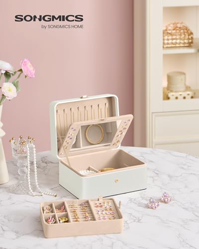 SONGMICS Jewelry Box Organizer with Mirror, 2-Layer Jewelry Holder Case, Removable Tray, 6.9 x 8.7 x 4.3 Inches, Earring N...