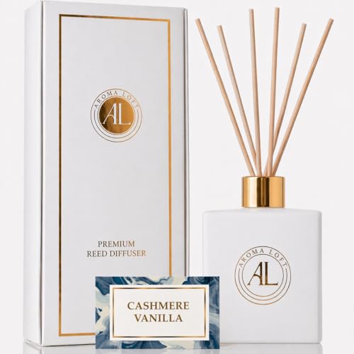 Aroma Loft White Reed Diffusers Sticks in Oil Set with Cashmere Vanilla Scent | Long-Lasting Reed Diffusers for Home, Offi...