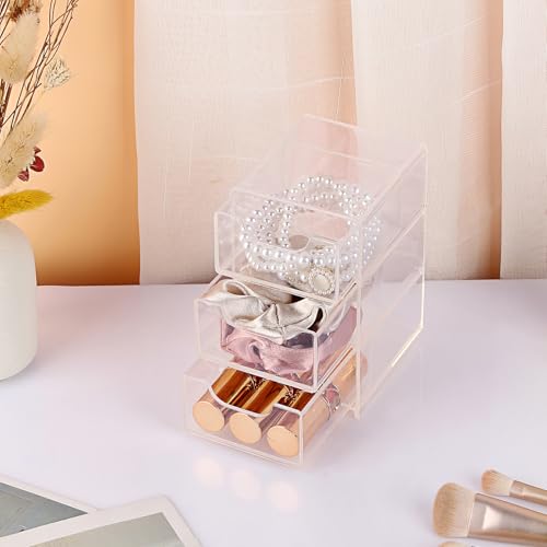 Hipiwe Acrylic Drawer Organizer Qtip Holder for Cotton Pad Cotton Swabs Makeup Storage Drawer with 3 Drawers Clear Desk Dr...