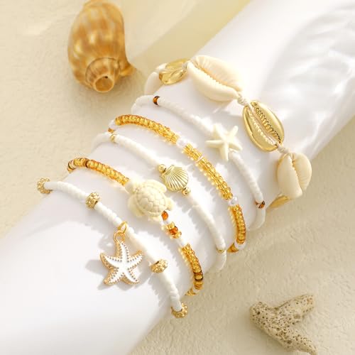 iF YOU Ankle Bracelet Set for Women, 14k Gold Waterproof Seashell Pearl Heart Starfish Conch Link Chain Anklets Set, Boho ...
