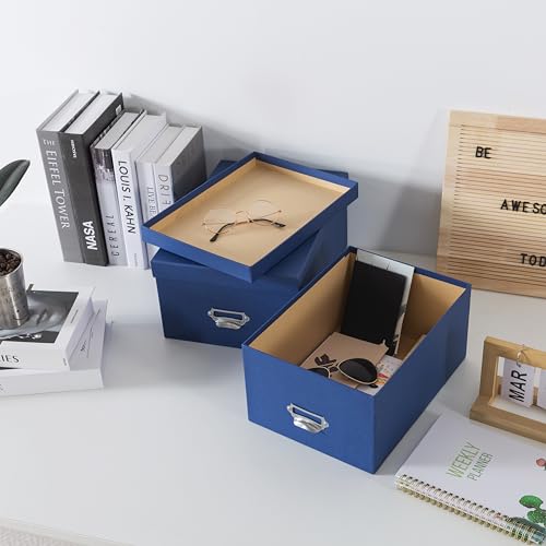 Soul & Lane Blue Decorative Cardboard Storage Boxes with Lids, Set of 2 Stacking Keepsake Photo and Memory Boxes for Home...