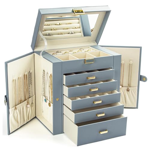 KAMIER Jewelry Box for Women, 6-Layer Large Jewelry Organizer Box with Mirror & 5 Drawers for Rings, Earrings, Necklaces, ...