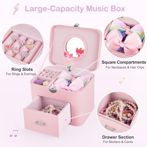 Basumee Musical Jewelry Box for Girls PU Leather Music Box with Drawer Large Kids Jewelry Organizer with Unicorn/Ballerina...