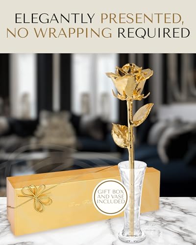 Forever Rose 24K Gold Dipped Real Rose – Handmade, Long-Lasting Preserved Flower in Glass Vase & Gold Box, Romantic Gift f...