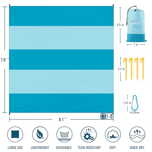 Famstar Beach Blanket Sandproof Waterproof 78''×81''1-5 Adults Oversized,Compact Lightweight Durable Beach Mat for Travel ...