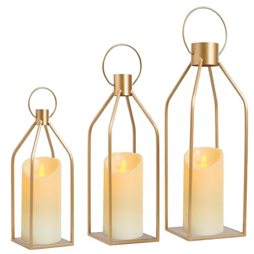 Kehail Elegant Gold Decorative Lanterns Set of 3-19/16/13 Inch Metal Indoor Lanterns Decorative with Flickering LED Candle...