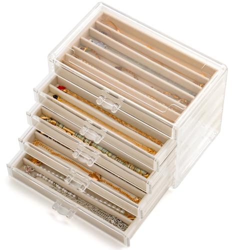 Necklace Organizer Box with 5 Drawers 30 Compartments, Dustproof Velvet Necklace Display Tray, Acrylic Necklaces Display C...