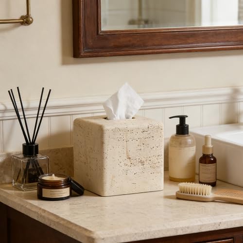 Natural Travertine Textures Tissue Box Cover Square for Home Decor,Resin Heavy Tissue Box Holder for Bathroom Countertop,T...