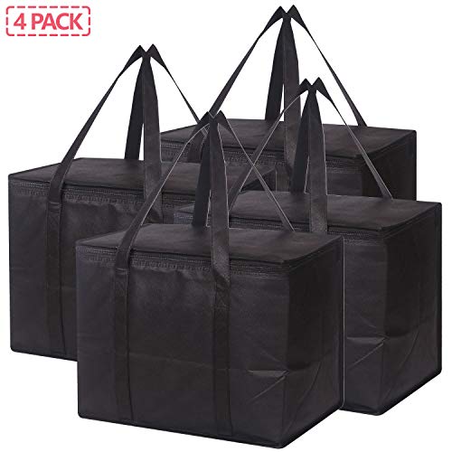 Set of 4 Large Insulated Reusable Grocery Bags with Sturdy Zipper and Handles, Foldable Washable Heavy Duty Cooler Totes f...