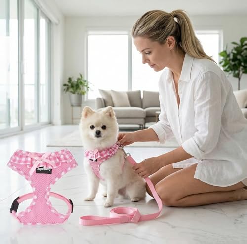 SuperBuddy Upgraded Soft Mesh Dog Harness, Super Breathable Lightweight Pet Harnesses for Puppy Dogs Outdoor Walking, Pink...