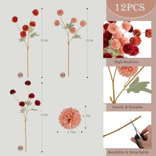 Hananona 12 Pcs Artificial Chrysanthemum Flowers, Orange Kiku Pom Pom Mums Flower Faux Fall Floral for Autumn Halloween Ki...