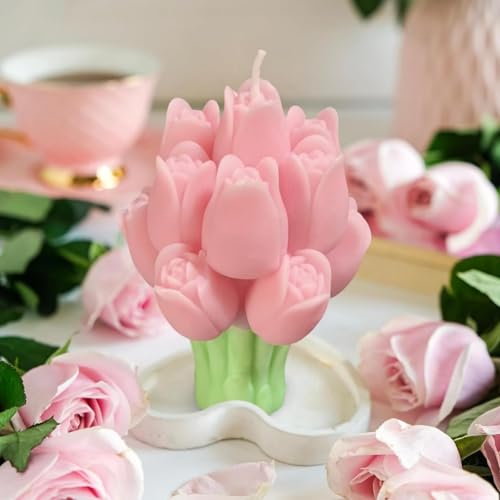 Tulip Flower Bouquet Scented Healing Candle,94G Handmade Long Burning Soy Wax Aroma Decorative Candle for Table Photo Prop...