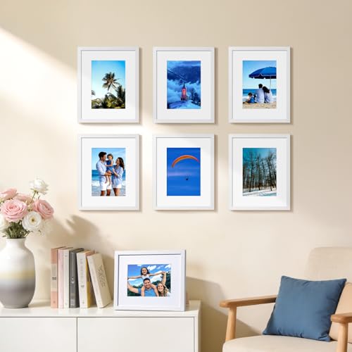 HappyHapi 8x10 Picture Frame Set of 6, 8x10 White Picture Frame Display Pictures 5x7 with Mat or 8x10 Without Mat. Wall Ha...