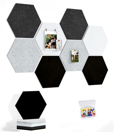 Uoisaiko 8 Pack Hexagon Felt Bulletin Board Tiles - 11.8" Large Thick Pin Board for Walls with 30 Push Pins, DIY Boards fo...