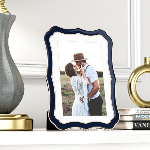 5x7 Enamel Picture Frame with HD-Tempered Glass, Display 4x6 Photo with Mat, Ornate Photo Frame with Metal Edge & Velvet B...