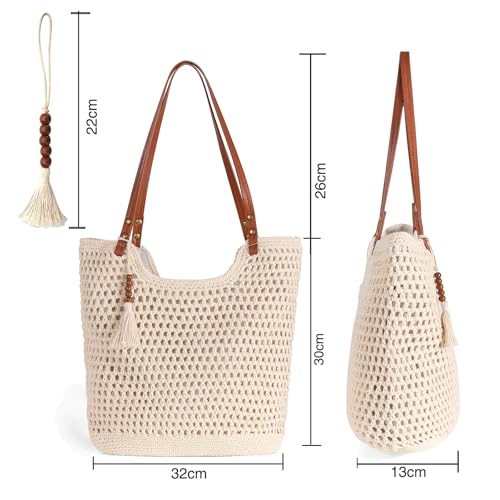 Women's Crochet Beach Tote Bag - Summer Boho Knit Woven Hollow Mesh Tote Bag with Zipper Pocket for Travel Vacation Beach ...