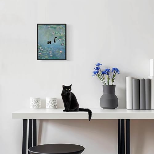 Hamduker Cat Wall Art Monet Prints Vintage Canvas Wall Art Funny Cat in Water Lilies Posters for Room Bedroom Living Room ...