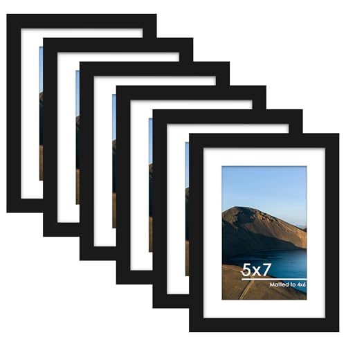 PEALSN 5x7 Picture Frame Set of 6, Display Pictures 4 x 6 with Mat or 5 x 7 without Mat for Wall Mounting or Table Top Dis...