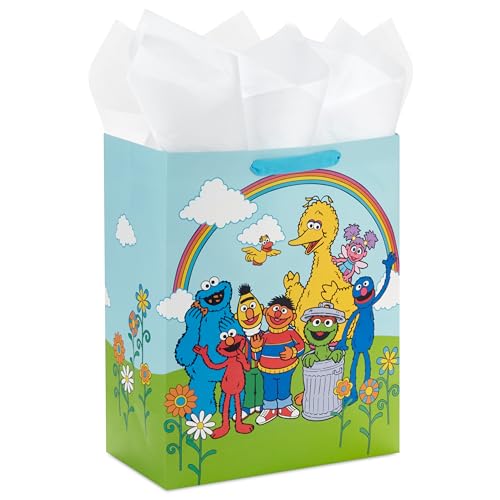 Hallmark Sesame Street 13" Large Gift Bag with Tissue Paper (Big Bird, Elmo, Grover, Cookie Monster) for Birthdays, Christ...