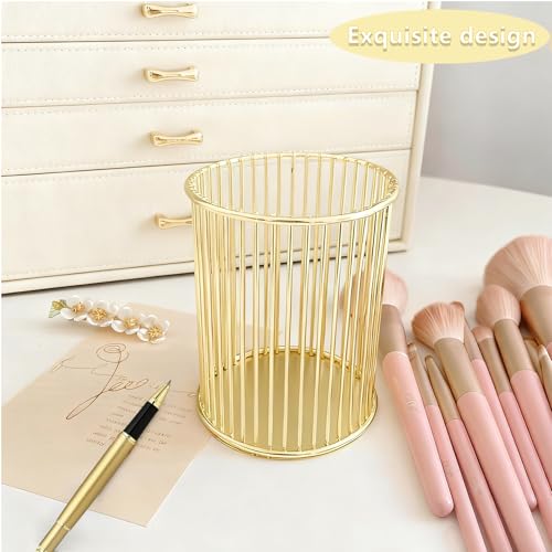 ZJEOSO Gold Metal Pen Holder for Desk - Heavy Duty Makeup Brush Organizer Cup with, Pencil Holder for Office & Home, Stora...