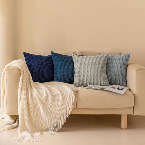 Softalker Throw Pillow Covers 18x18 Inch, Set of 4, Corduroy Soft Striped Farmhouse Boho Pillow Cover, Modern Decorative C...