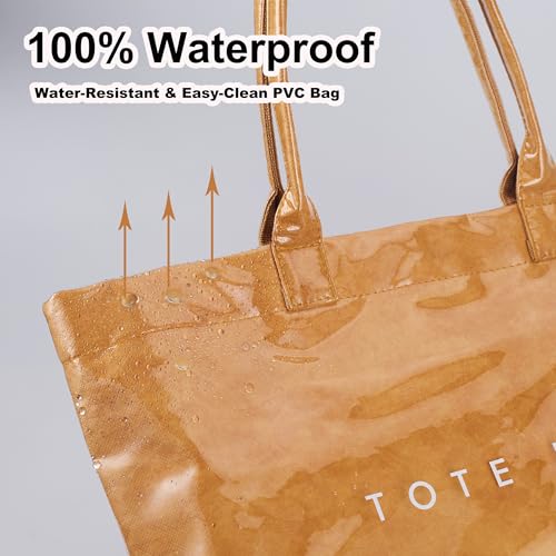 ALUWU Women's PVC Tote Bag Kraft Paper Work Handbag Wipeable Plastic Purse with Top Handle for Beach Travel