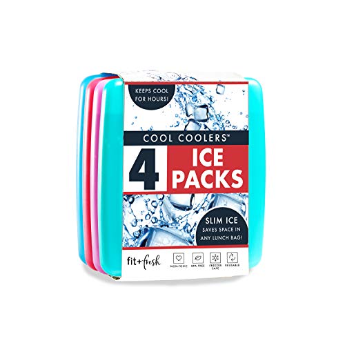 Cool Coolers by Fit & Fresh 4 Pack Slim Ice Packs, Quick Freeze Space Saving Reusable Ice Packs for Lunch Boxes or Cooler...