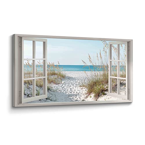 Window Beach Wall Art Prints: Modern Large Tropical Coastal Landscape Canvas Bedroom Blue Ocean Picture Relaxing Living Ro...