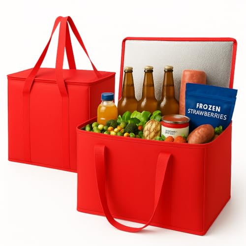 musbus 2-Pack XL-Large Insulated Grocery Shopping Bags, Red, Reusable, Heavy Duty, Zipped Zipper,Collapsible,Tote,Cooler,G...
