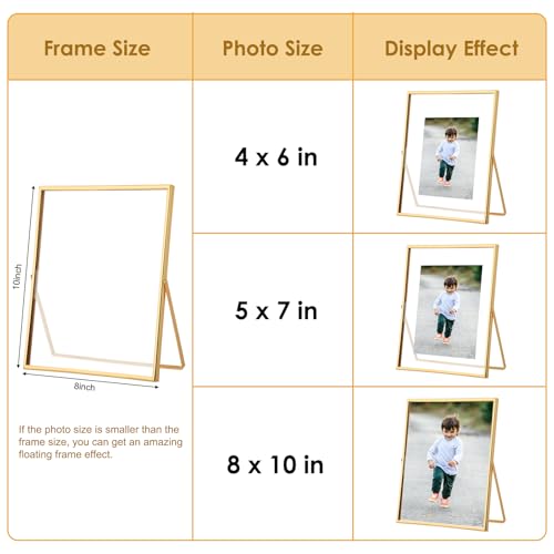 Fixwal Gold Floating Picture Frame Set of 2, 8 x 10 Tempered Glass, Tabletop Display, Multi Size Including 6 x 8, 5 x 7