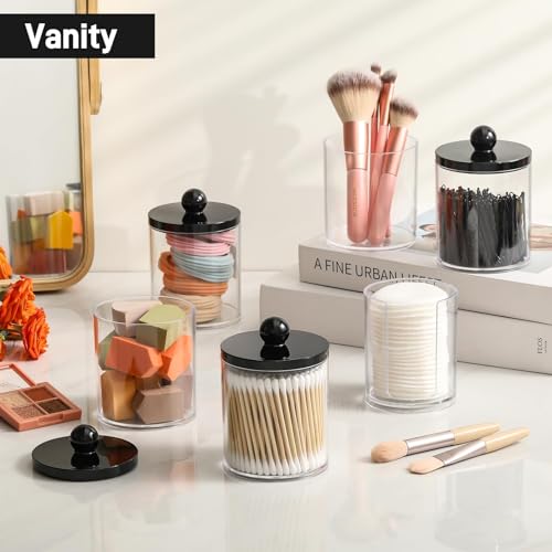 4 Pcs, Acrylic Qtip Holder Dispenser for Cotton Swab, Ball, Round Pads, Floss Picks - Plastic Apothecary Jar Set, Bathroom...