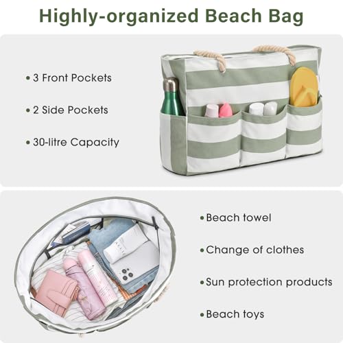 Becokan Beach Bags for Women Canvas Large Beach Tote Bag Zipper Waterproof Sandproof Foldable Swim Pool Bag with 7 Pockets
