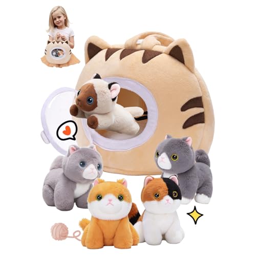 OUOZZZ Cat Stuffed Animal House – Plush Kitten Toy Set with 5 Soft Cats – Interactive & Travel-Friendly Kitties Carrier Pl...