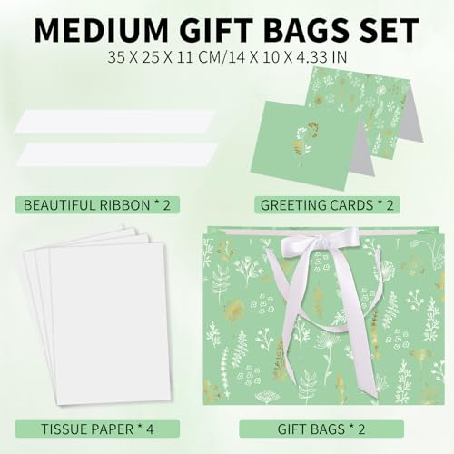 woric 13.7''Gift Bags Set of 2 Large Sage Green Bags for Women with Handles Tissue Paper Cards for Mother's Day Weddings B...