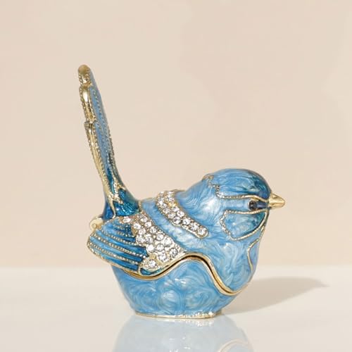 Exquisite Hand - Painted Enamel Blue Bird Trinket Box Hinged Rhinestone - Adorned Mini Jewelry Organizer for Rings & Neckl...