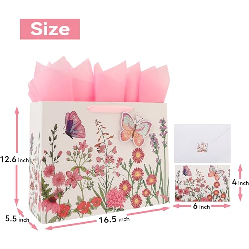 Qirrmiy 16.5” Extra Large 3D Butterfly Gift Bag Set with Handles, Greeting Card, Pink Tissue Papers and Stickers for Women...