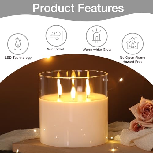 Eywamage 3 Wick Clear Glass Flameless Candle with Remote, Large Flickering LED Battery Pillar Candle Φ 6" H 6"