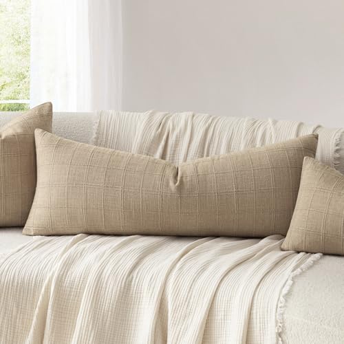 Foindtower Set of 1 Decorative Linen Check Throw Pillow Cover Neutral Farmhouse Lumbar Cushion Cover Soild Modern Coastal ...