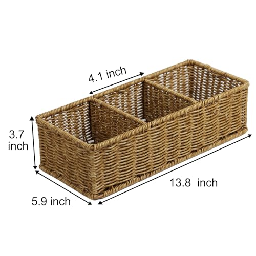 Waterproof Wicker Basket With 3 Compartments, Hand Woven Bathroom Counter Organizer, Small Storage Basket for Toilet Paper...
