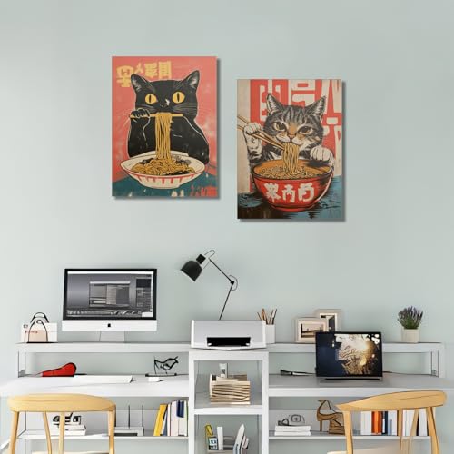 Framed Funny Black Cat Canvas Wall Art Set of 2, Vintage Japanese Cat Eating Ramen Poster, Unique Gifts and Animal Lover P...