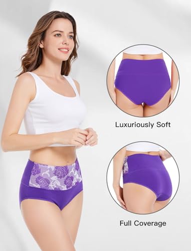 HAVVIS Women's Briefs Underwear Cotton High Waist Tummy Control Panties Rose Jacquard Ladies Panty Multipack