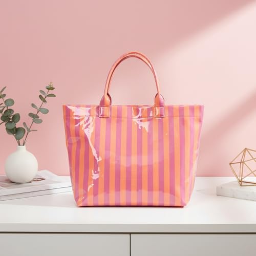 JQWYGB Striped PVC Tote Bag Large Glossy Striped Handbags Waterproof Top Handle Bag Plastic Tote Handbag Beach Travel Work