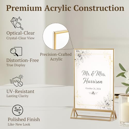 EHWINE 12 Pack Acrylic Sign Holder 4 x 6, Double Sided Gold Picture Frame Stand up Table Top Sign Holders, Clear Display S...