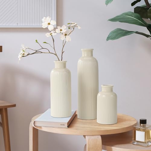 Small Beige Ceramic Vase Set of 3, Boho Modern Beige Flower Vase Room Decor, Farmhouse Decor, Vases for Your Kitchen, Bath...