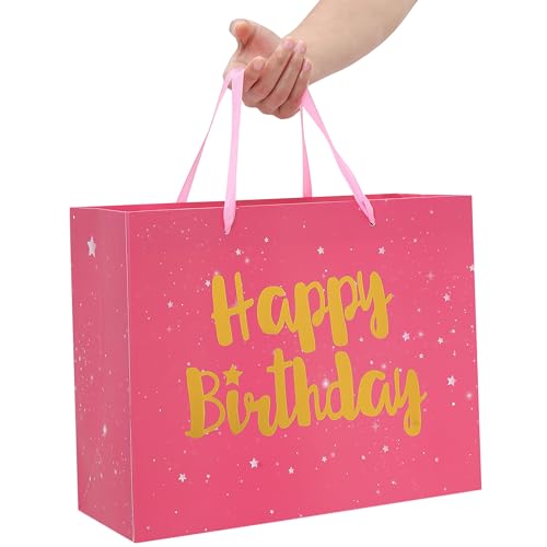 13" Large Pink Gift Bag Set with Greeting Card and Tissue Papers (Stars and Gold Foil ‘Happy Birthday’) for Women's Party,...