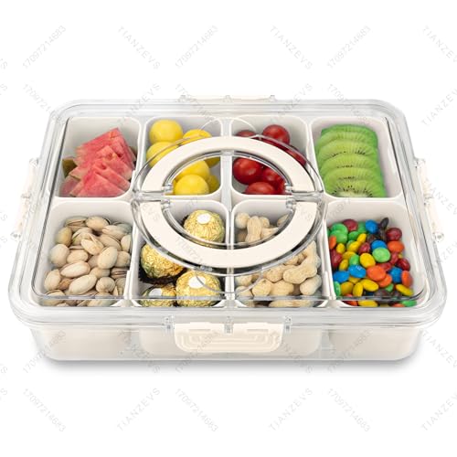 HRXFOZ Divided Serving Tray with Lid and Handle,8 Compartments Snacks Box,Snack Fruit and Veggie Tray,Portable Platter for...
