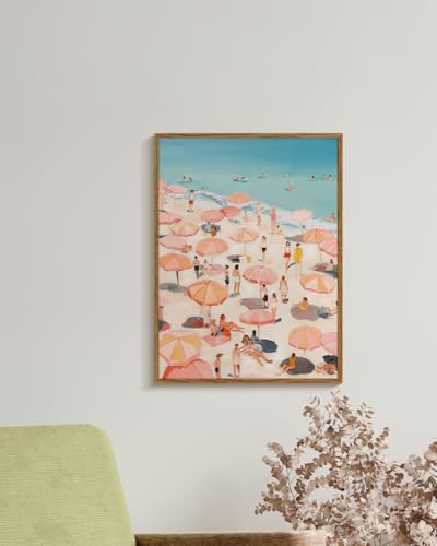 HUARCEY Colorful Seaside Vacation Vibes 12x16 Framed Canvas Wall Art, Retro People and Pink Umbrellas Summer Coastal Prin...